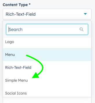 Screenshot of the module setting Content Type - that is available for advanced content in the header mega menu, advanced footer or bento grid - showing that one can switch this configuration from "Menu" to "Simple Menu"
