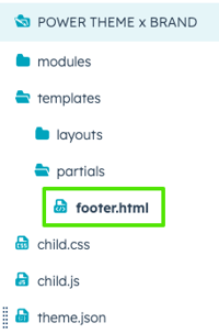 Image of the location of the footer.html partial in the child theme. templates/partials/footer.html