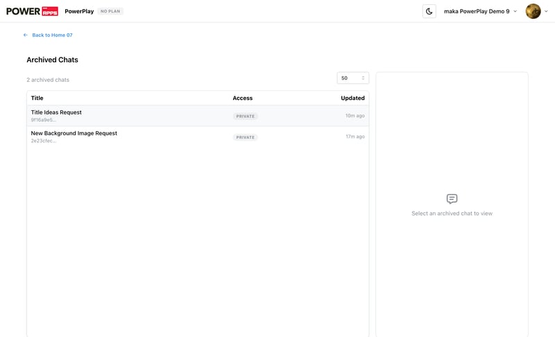 The archived chats screen: select a chat on the left to review it on the right.