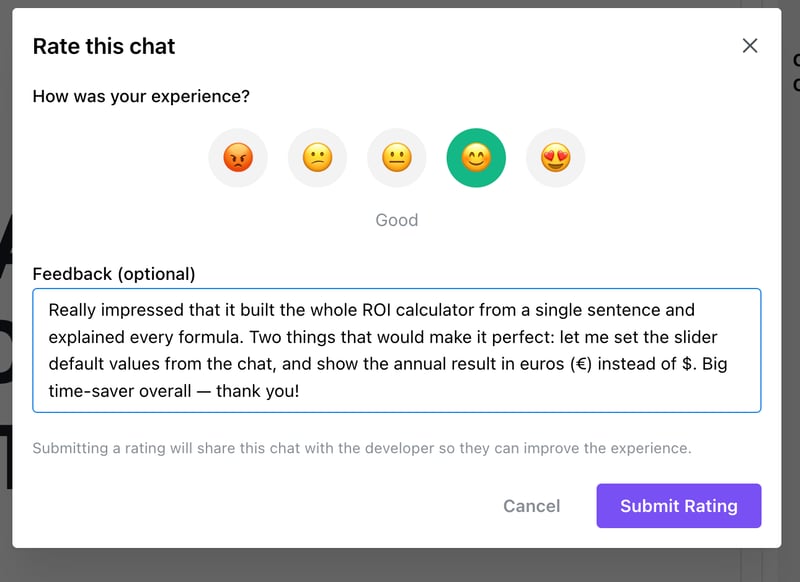 The Rate this chat window: pick a rating, add an optional comment, and submit.