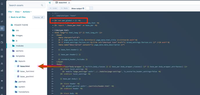 Screenshot of HubSpot's Design Manager showing the location of the base.html file in POWER THEME > templates > layouts > base.html and where to add the line of code - at the very top of the file, right after the initial comment ending with -->