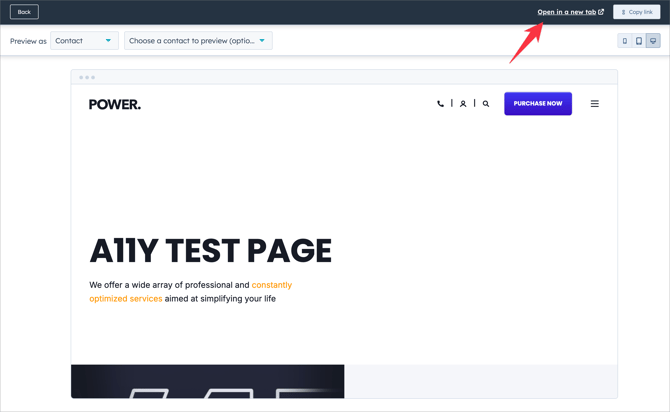Screenshot of the page editor annotating where to click to open the page preview in a new tab