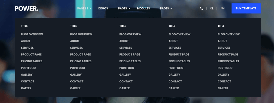 header menu with 5 column mega menu in dark scheme