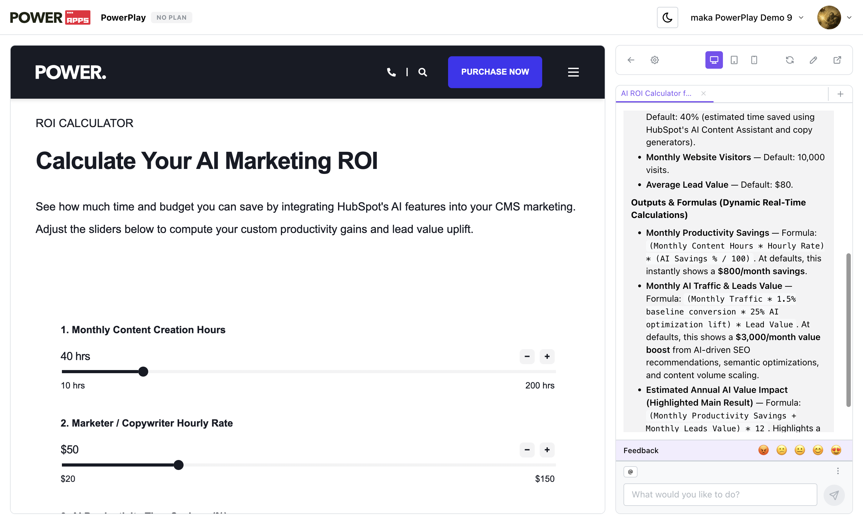 A real interaction: the user asked for an AI Marketing ROI calculator, and the Agent built a fully interactive one