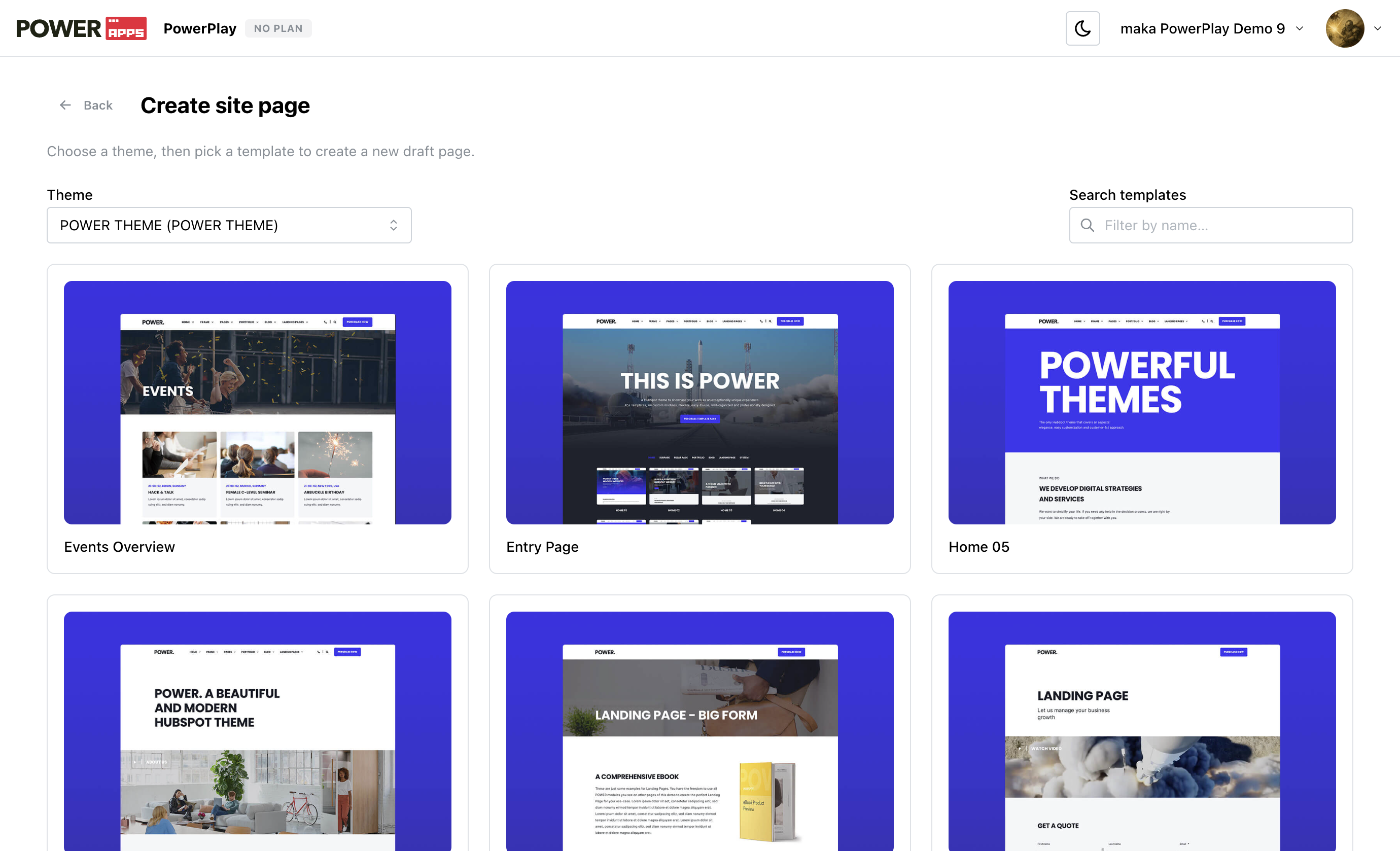 Creating a page: choose a theme, then pick a template from the thumbnail grid.