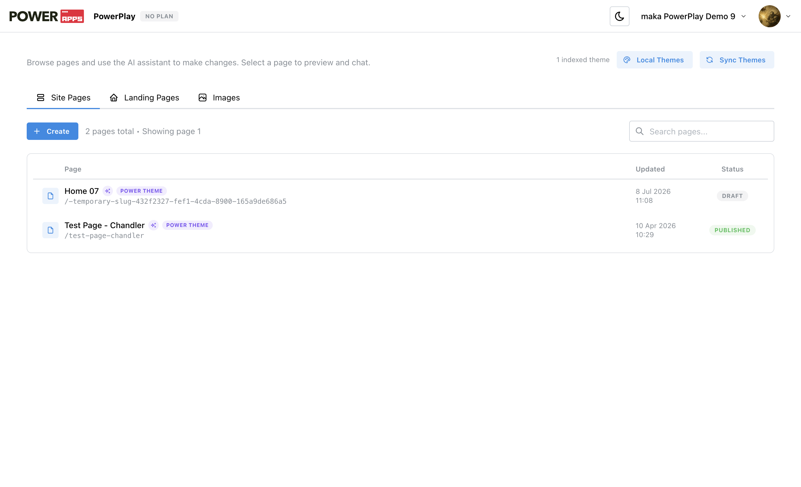The PowerPlay home: Site Pages, Landing Pages, and Images tabs, with each page's name, last-updated time, and status.